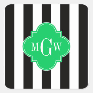 Black Wht Stripe Emerald Square 3 Monogram Square Sticker