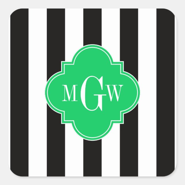 Black Wht Stripe Emerald Square 3 Monogram Sticker (Front)