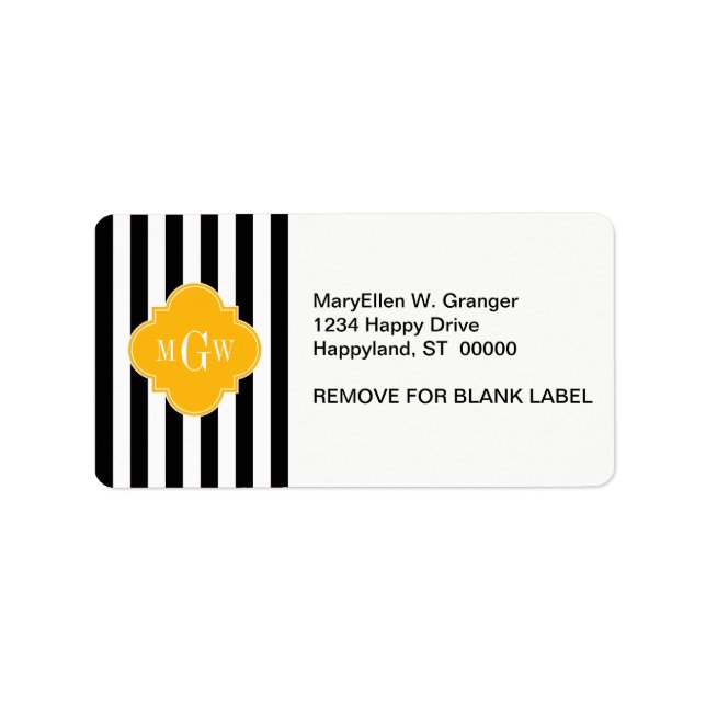 Black Wht Stripe Goldenrod Quatrefoil 3 Monogram Label (Front)