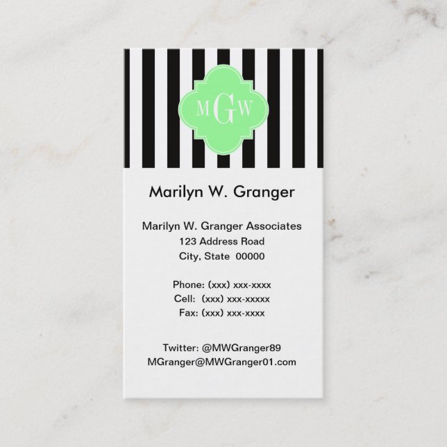 Black Wht Stripe Mint Green Quatrefoil 3 Monogram Business Card (Front)