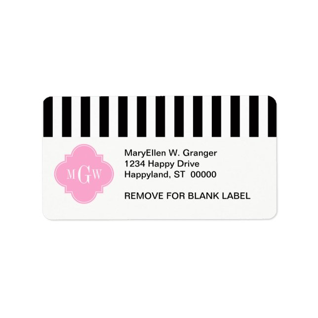 Black Wht Stripe Pink Quatrefoil 3 Monogram Label (Front)