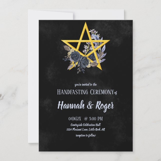 Black Wiccan Gothic Floral Pentacle Handfasting In Invitation (Front)