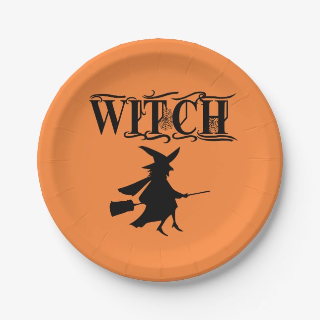 Black Wicked Flying Witch Halloween  Paper Plate (Front)