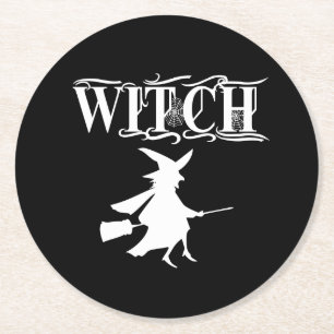 Black Wicked Flying Witch Halloween  Round Paper Coaster