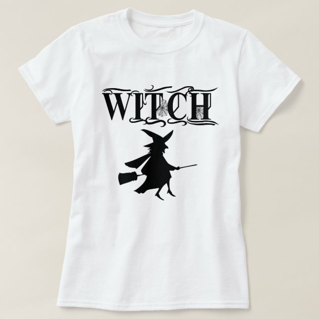 Black Wicked Flying Witch Halloween T-Shirt (Design Front)