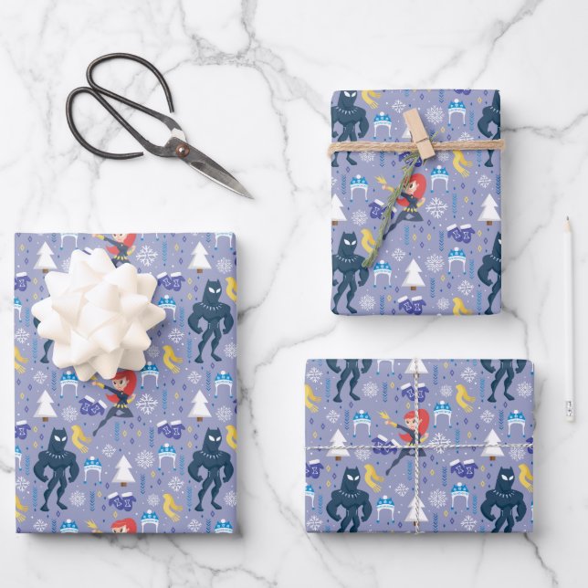 Black Widow & Black Panther Winter Pattern Wrapping Paper Sheet (Front)