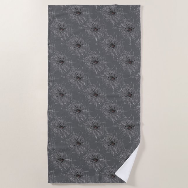 Black Widow Spider And Spiderweb Drawing Art Beach Towel (Front)