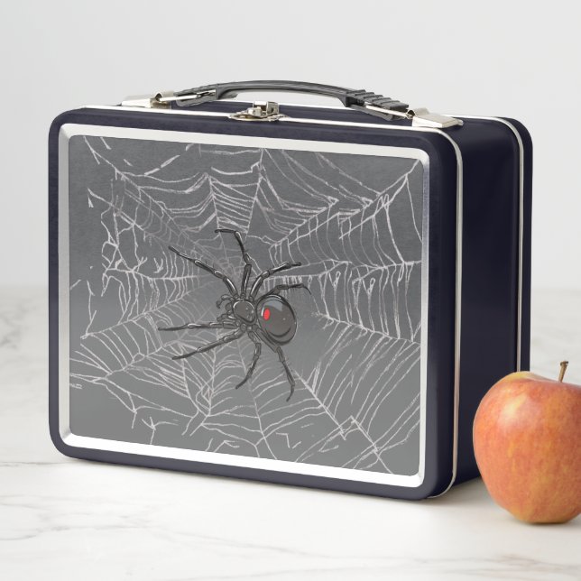 Black Widow Spider And Spiderweb Drawing Art Metal Lunch Box (In Situ)