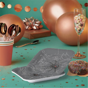 Black Widow Spider And Spiderweb Drawing Art Paper Plate