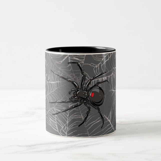 Black Widow Spider And Spiderweb Drawing Art Two-Tone Coffee Mug (Center)