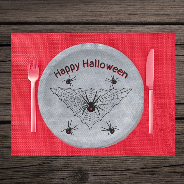 Black Widow Spiders in Triangle Web Rustic White Paper Plate (Poisonous black widow spiders in web on rustic white Halloween paper party plates.)