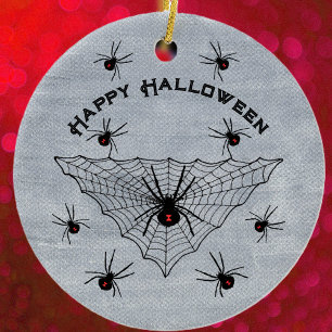 Black Widow Spiders Red Marks in Web White Ceramic Ornament