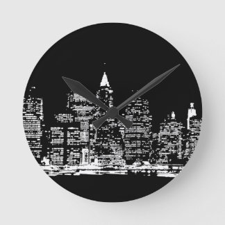 Black & Wihte New York City Night Round Clock