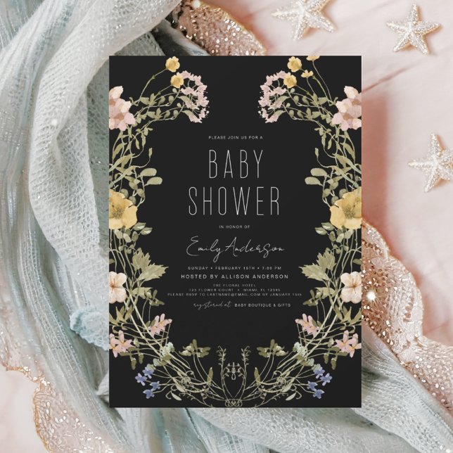 Black Wildflower Boho Baby Shower Elegant Modern Invitation (Creator Uploaded)