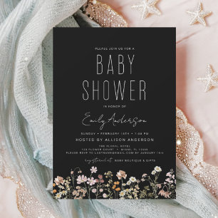 Black Wildflower Boho Baby Shower Elegant Modern Invitation