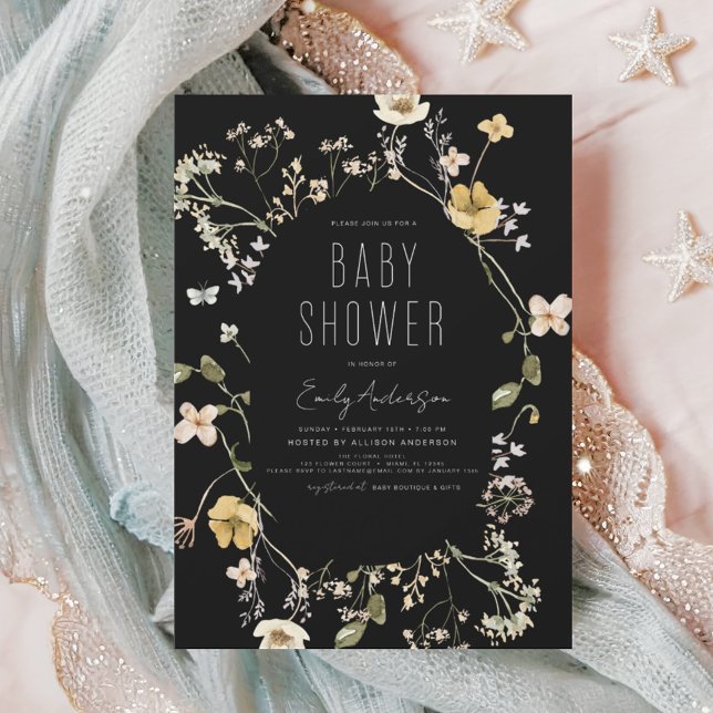 Black Wildflower Boho Baby Shower Elegant Modern Invitation (Creator Uploaded)