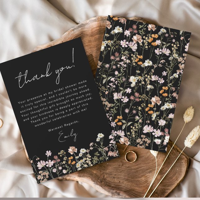 Black Wildflower Boho Bridal Shower Thank You Card (Creator Uploaded)