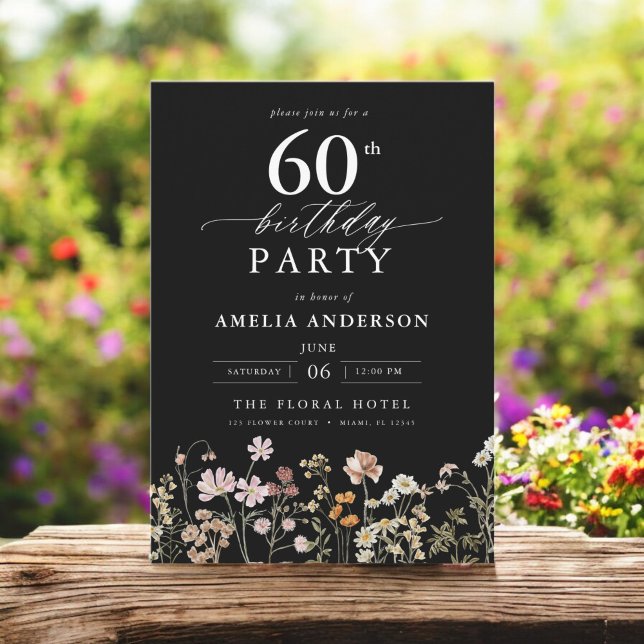 Black Wildflower Garden Floral 60th Birthday Invitation (Creator Uploaded)