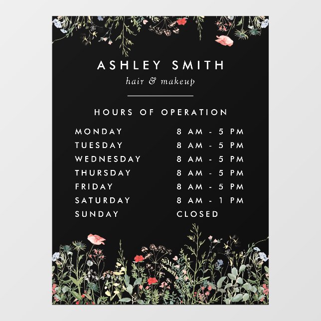 Black Wildflower Meadow Business Hours Window Cling (Sheet)