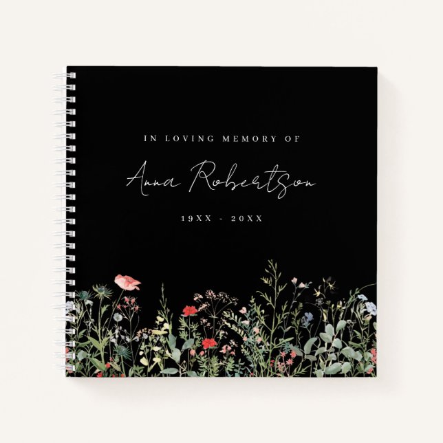 Black Wildflower Memorial Service Guest Book (Front)