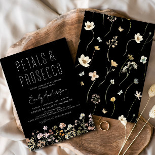 Black Wildflower Petals & Prosecco Bridal Shower Invitation