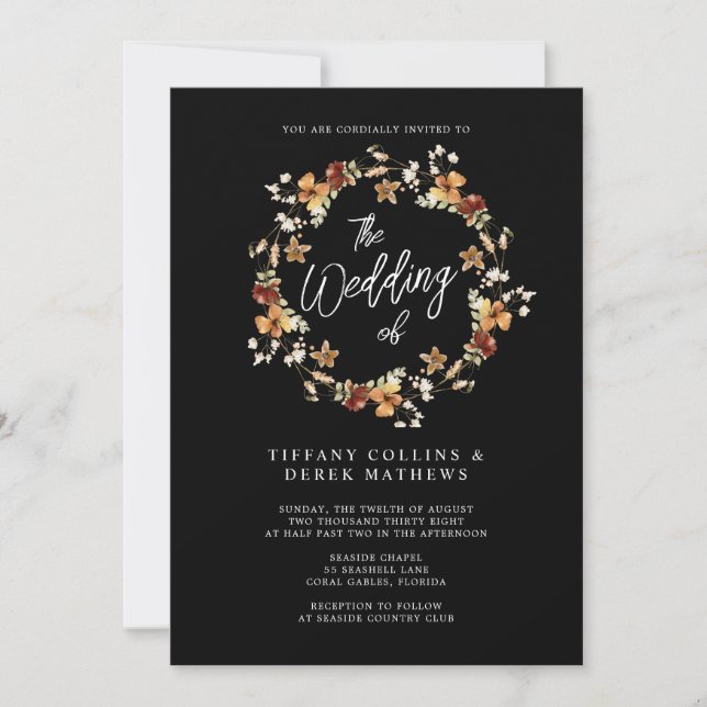 Black Wildflower Wedding Invitation (Front)