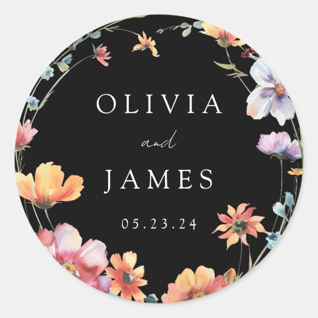 Black Wildflower Wreath Summer Wedding Classic Round Sticker (Front)