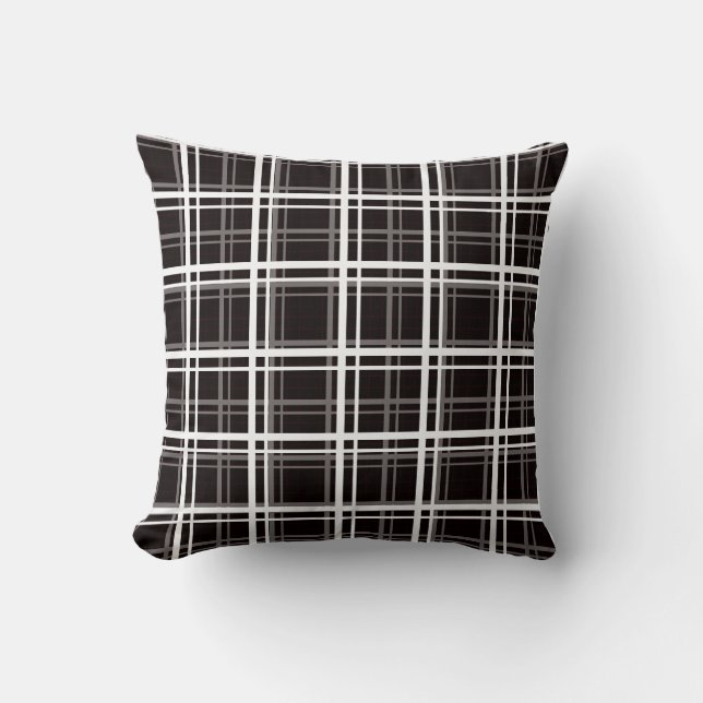 Black Windowpane Plaid Grid Stripes Pattern Design Throw Pillow (Front)