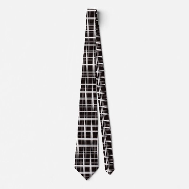 Black Windowpane Plaid Grid Stripes Pattern Design Tie (Front)
