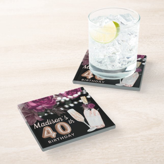Black Wine Personalized Luxury 40th Birthday Glass Coaster (Angled)