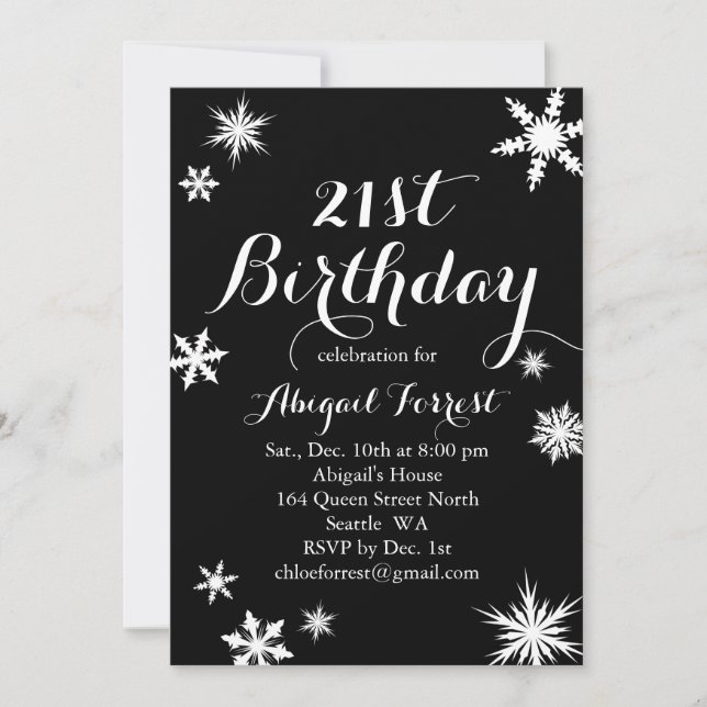 Black Winter 21st Birthday Invitation (Front)