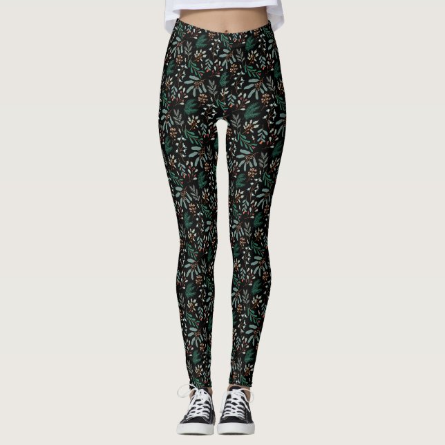 Black Winter Botanical Pattern Leggings (Front)
