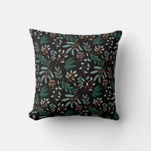 Black Winter Botanical Pattern Throw Pillow