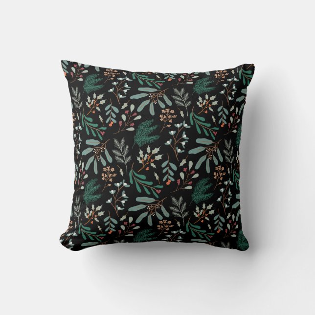 Black Winter Botanical Pattern Throw Pillow (Front)