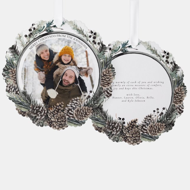 Black Winter Pine Merry Christmas Photo Wreath Ornament Card (Front/Back)