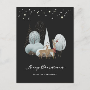 Black Winter Scene Stars Forest Deer Christmas Holiday Postcard