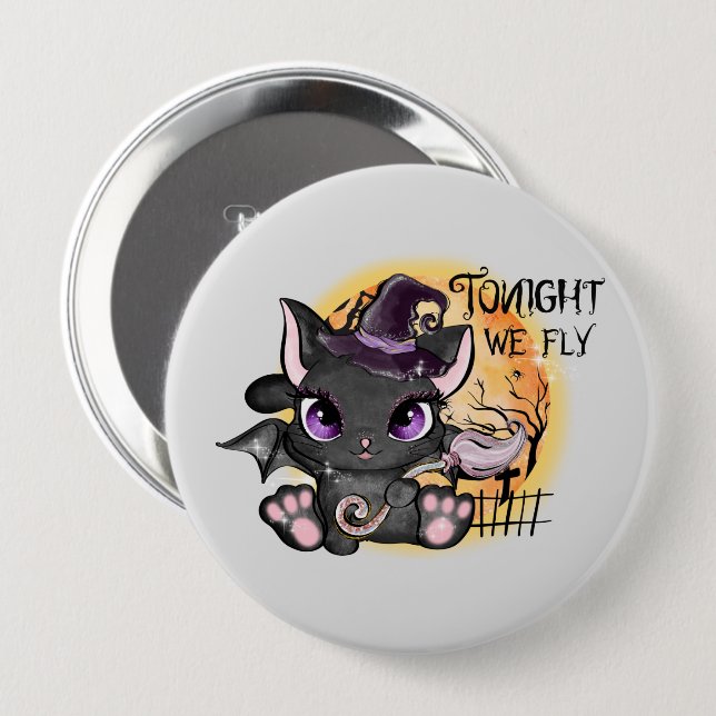 Black Witch Cat | Halloween Cat 4 Inch Round Button (Front & Back)
