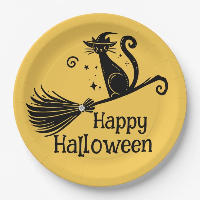 Black Witch Cat on Broomstick Halloween Paper Plate (Front)