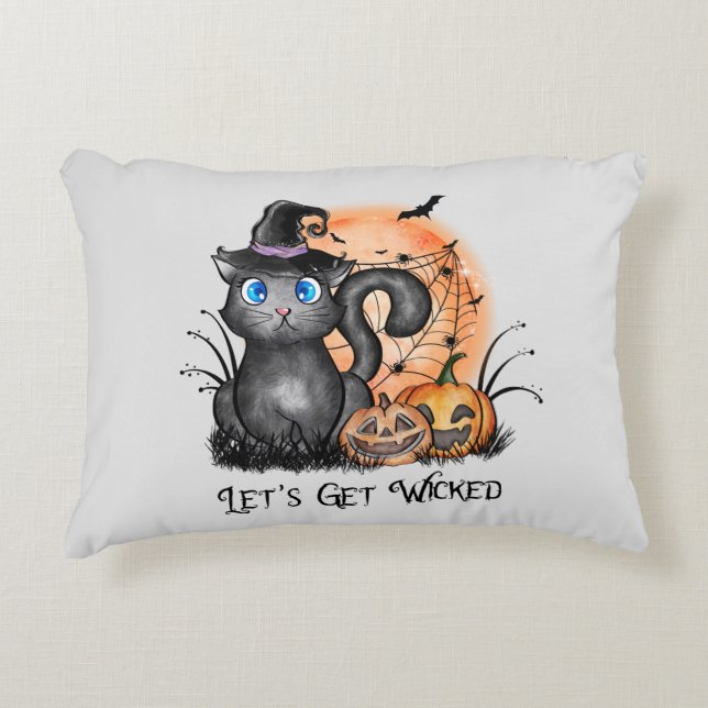 Black Witch Cat with Spider Web & Jack-O'-Lanterns Accent Pillow (Front)