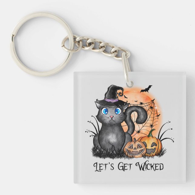 Black Witch Cat with Spider Web & Jack-O'-Lanterns Keychain (Front)