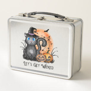 Black Witch Cat with Spider Web & Jack-O'-Lanterns Metal Lunch Box