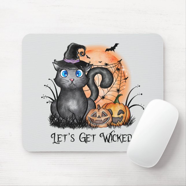 Black Witch Cat with Spider Web & Jack-O'-Lanterns Mouse Pad (With Mouse)