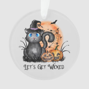 Black Witch Cat with Spider Web & Jack-O'-Lanterns Ornament