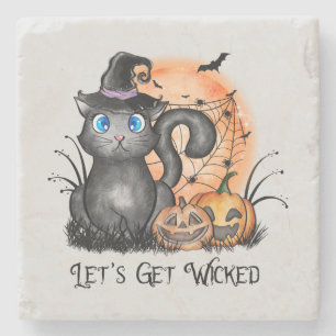 Black Witch Cat with Spider Web & Jack-O'-Lanterns Stone Coaster