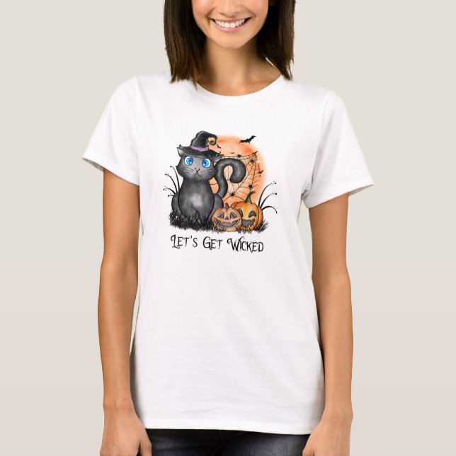 Black Witch Cat with Spider Web & Jack-O'-Lanterns T-Shirt (Front)