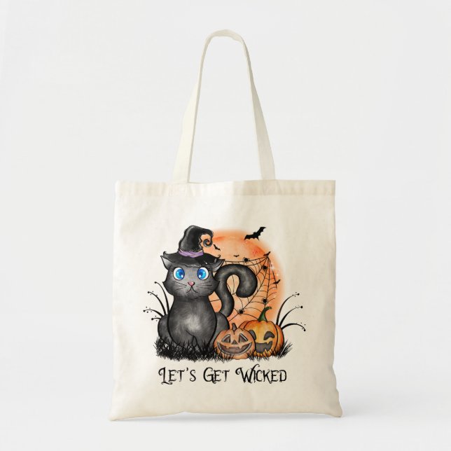 Black Witch Cat with Spider Web & Jack-O'-Lanterns Tote Bag (Front)
