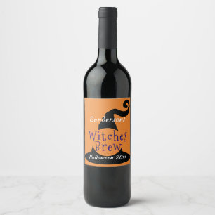 Black Witch Hat on Orange Halloween Editable Wine Label