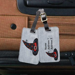 Black Witch Hat Silver Buckle Cute Spider on White Luggage Tag