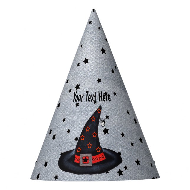 Black Witch Hat Silver Buckle Cute Spider Stars (Front)