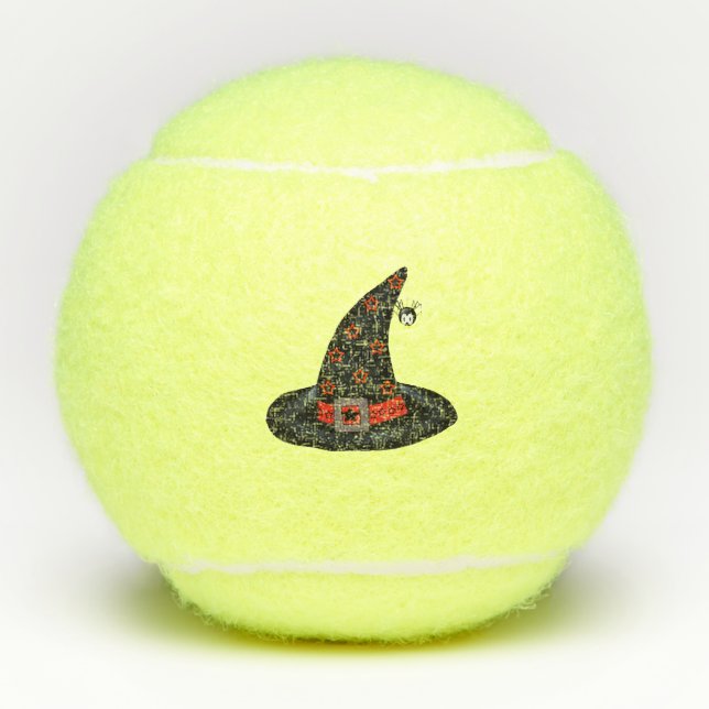 Black Witch Hat Silver Buckle Stars Spider Tennis Balls (Front)